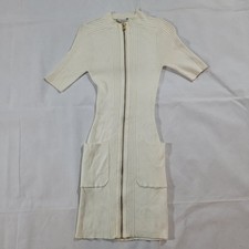 Guess White Ribbed Knit Sweater Dress S Short Sleeve Zip Pockets Stretch No Belt