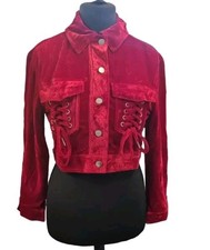 Maniere De Voir Red Velvet Lace Up Trucker Jacket Womens Size Uk 8 Ref Jp1