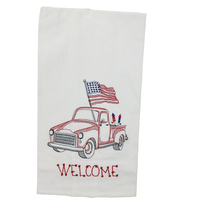 C&F Kitchen Towel Embroidery Flour Sack Red Truck Fireworks 4th of July NEW