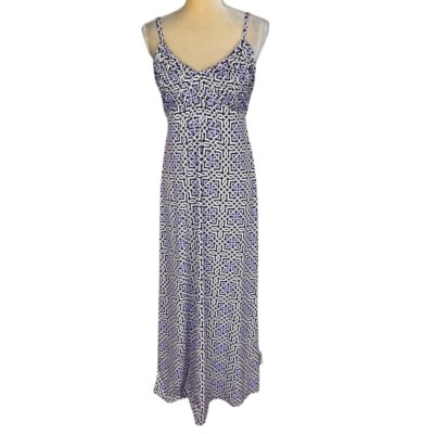 New York & Company Purple Greek Key Geometric Smocked Maxi Dress V Neck Medium
