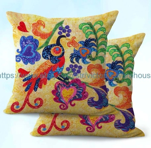 Set of 2 Mexican fiesta floral birds plants cushion cover sofa throw pillow case