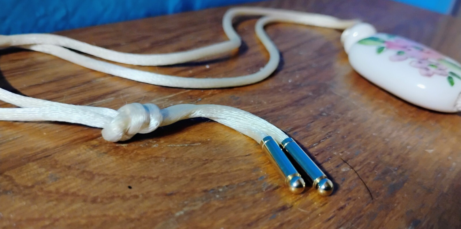 Vintage Floral Porcelain Pendant W/ Tassel Necklace White W/ Pink Flowers