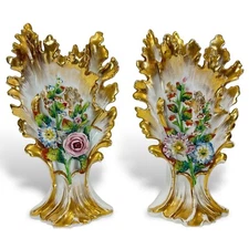Pair Old Paris Porcelain Flower Encrusted Spill Vases, 19th Century, 12.5" Tall