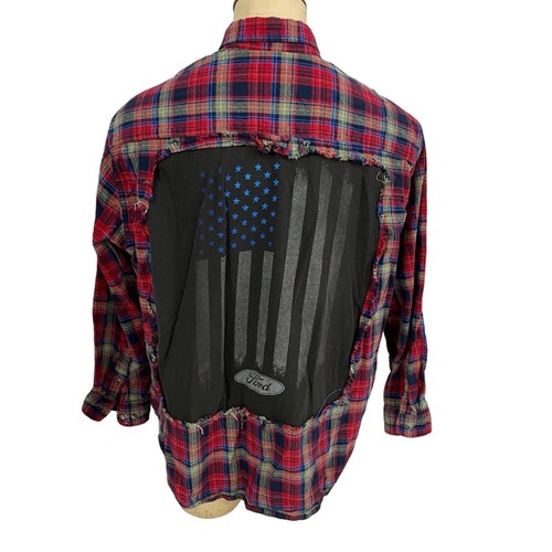 Upcycled Flannel Shirt Mens 2XL Shacket Flag Red Mechanic Grunge Farm Ranch Camp - Picture 12 of 16