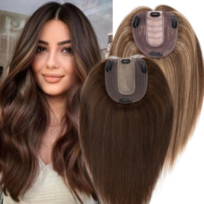 Silk/Mono Base Clip in Hairpiece REAL REMY Human Hair Topper Toupee Top Piece US