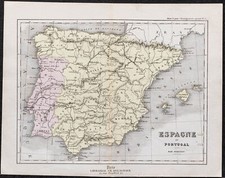 1866 - Espagne et Portugal - Carte géographique ancienne de Périgot