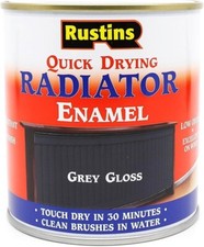 Image of RUSTINS QUICK DRY RADIATOR ENAMEL PAINT SATIN GLOSS WHITE BLACK GREY 250ML 500ML