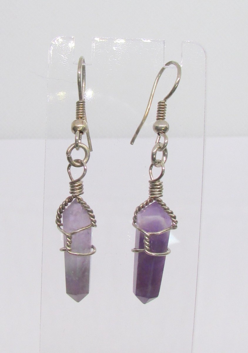 Silvertone Genuine Amethyst Crystal Shard Fishhook Pierced 