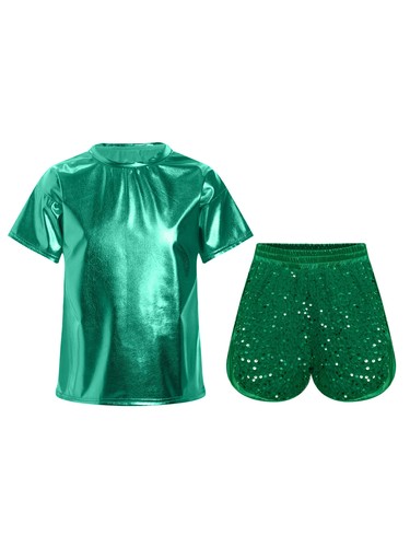 Kids Sportswear Round Neck Qutfit Sequins Sets Metallic Activewear Sparkling - Picture 31 of 77