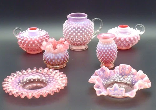 7pc Lot of Fenton CRANBERRY OPALESCENT Art Glass Pieces Vases, Candleholders++