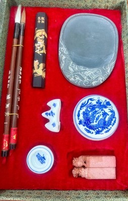 Vintage Japanese Shodō Calligraphy Set Ink Stone Sumi Brushes Seals Complete Box