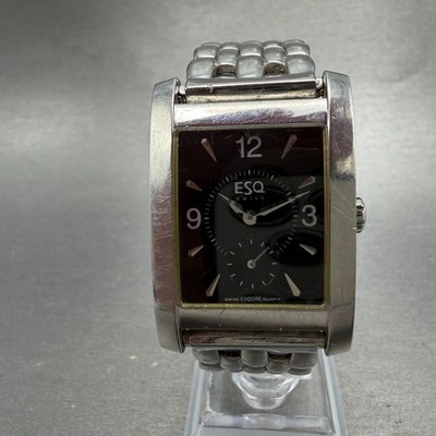 ESQ Tank Watch Men 27mm Black Dial Silver Tone Small Seconds E5079 New Battery
