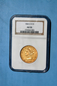 An 1860 o $10 Liberty Eagle Gold Coin. NGC Certified AU 55