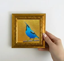 Blue Bird Oil Painting, Small Framed Original Art Canvas Artwork,Gift for Friend