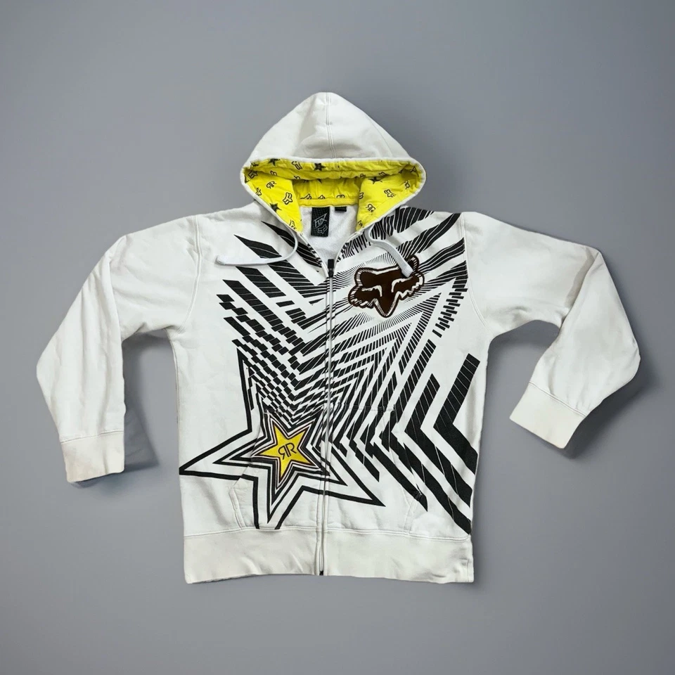 Fox Racing Rockstar 连帽衫男式 L 白色拉链黄色衬里复古风格 45107 — 第 2/4 张图片