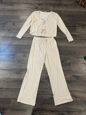 Happily Gray Women's Two Piece Beige/White Loungewear Set, Front tie, Size Small