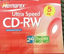 Memorex CD-RW 5 Pack 700MB 80 Min 24x Rewritable Discs Sealed New Retro Media