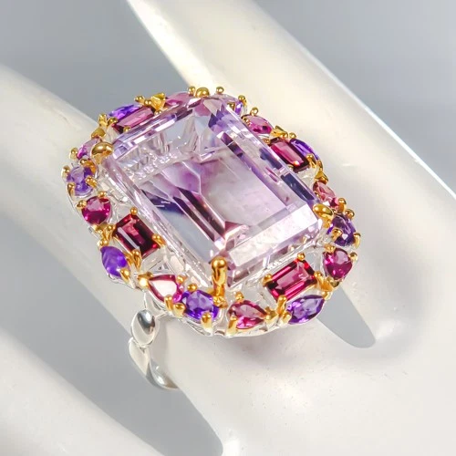 Anillo de plata de ley 925 hecho a mano de 25 quilates + ametrino natural talla 8/R440344 Foto 3 de 4