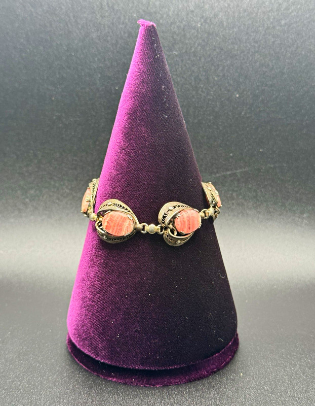 Vintage Sarah Coventry Sterling Silver Rhodochrosite Cabochon Link Bracelet