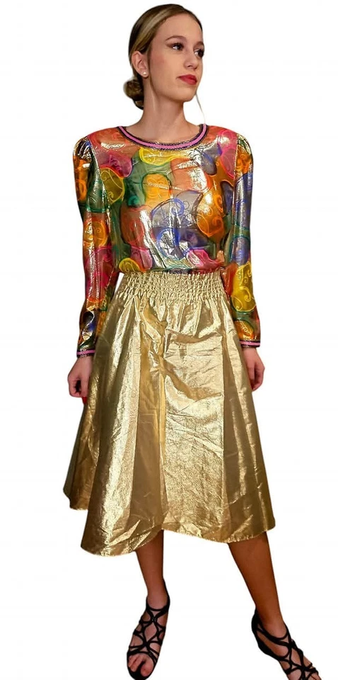 Vestido Falda Completa DIANE FREIS Metálico SEDA SIN USAR AUTÉNTICO De Colección Años 80 M/L Foto 3 de 4