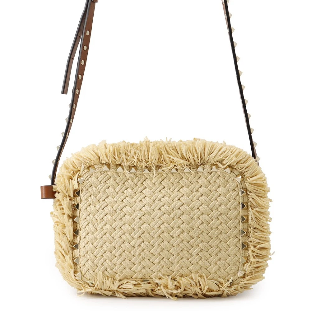 Valentino — Valentino Garavani RockStudded Shoulder Bag Straw/Leather Natural/Brown TW2B...