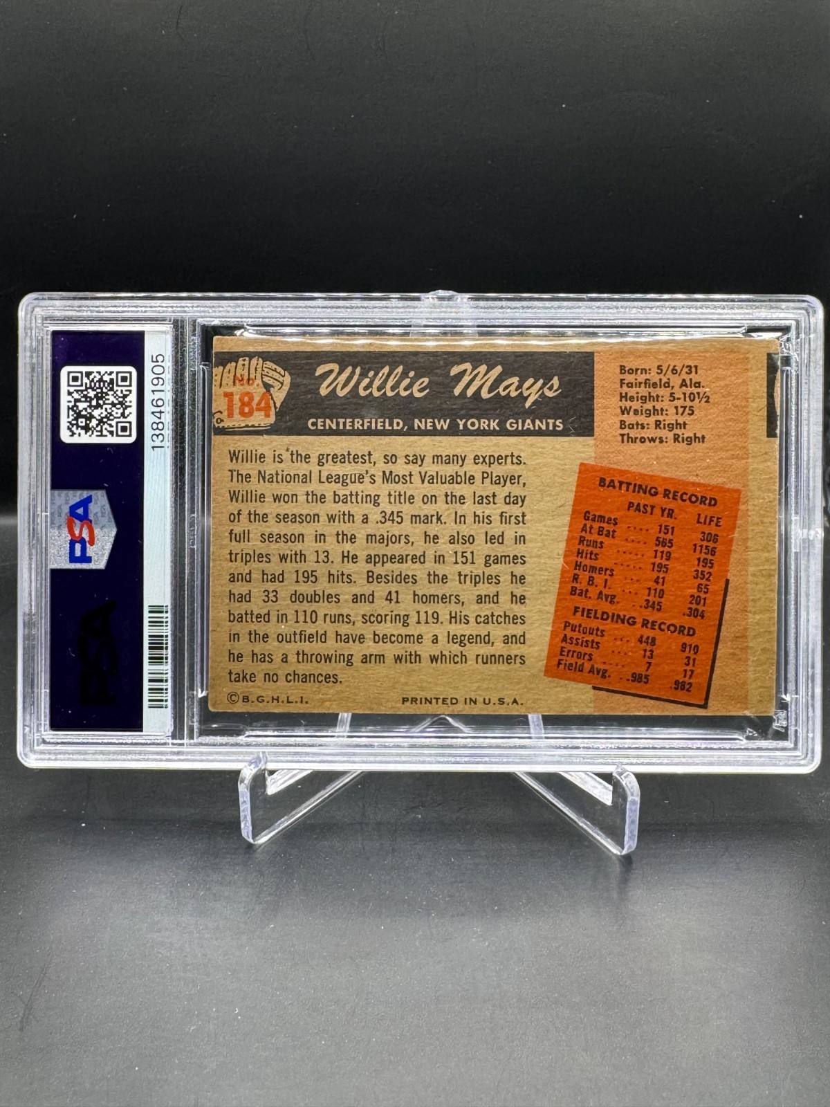 1955 BOWMAN!  WILLIE MAYS!  NEW YORK GIANTS!  #184   PSA 2 (MC)!  LOOKS NICER! view 2