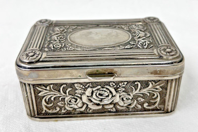 Beautiful Older Silverplate Box Casket w Roses & Column Design 3.5 x 2 1/4 x 1.5