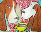 Vintage Style Irish Red White Setter Drinking Coffee Dog 4x6 Art Print Signed
