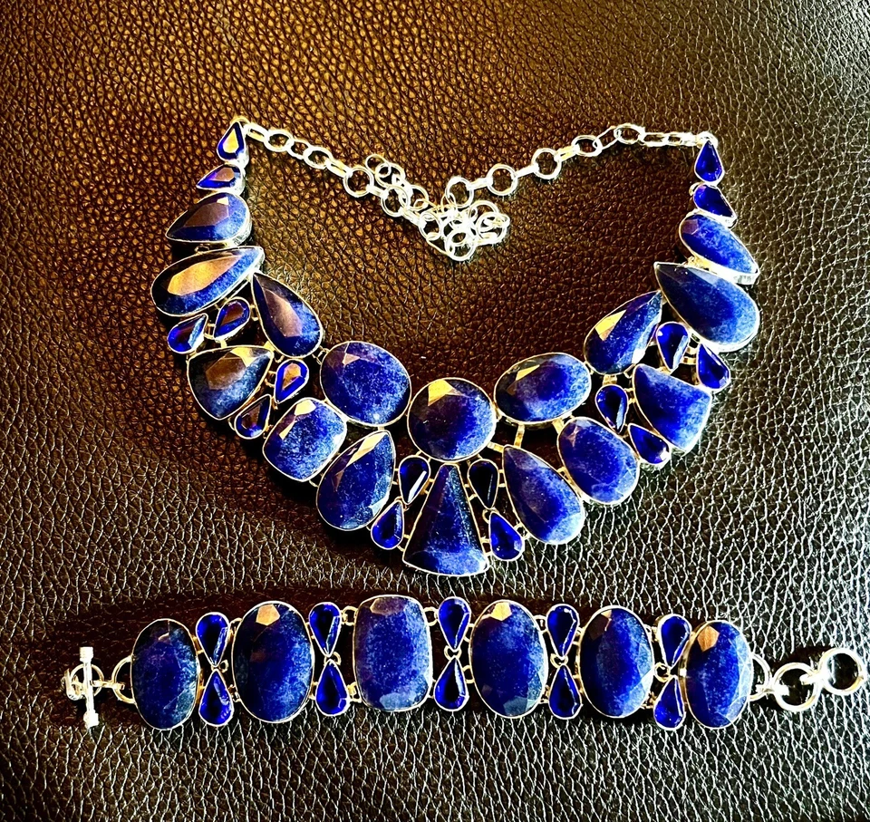 Conjunto de colar grande feito à mão azul safira e tanzanita 145 gms - Imagem 4 de 4