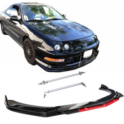 Red&Black Car Front Bumper Splitter Lip + Strut Rods For 1994-1997 Acura Integra