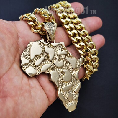 Rolex Chain Crip Hip Hop Iced Large Golden Nugget Africa Map Pendant & 10mm Cuban Chain ...
