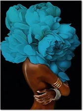 African American Wall Art Blue Flower on Black Women Head Vintage Canvas Art Pai