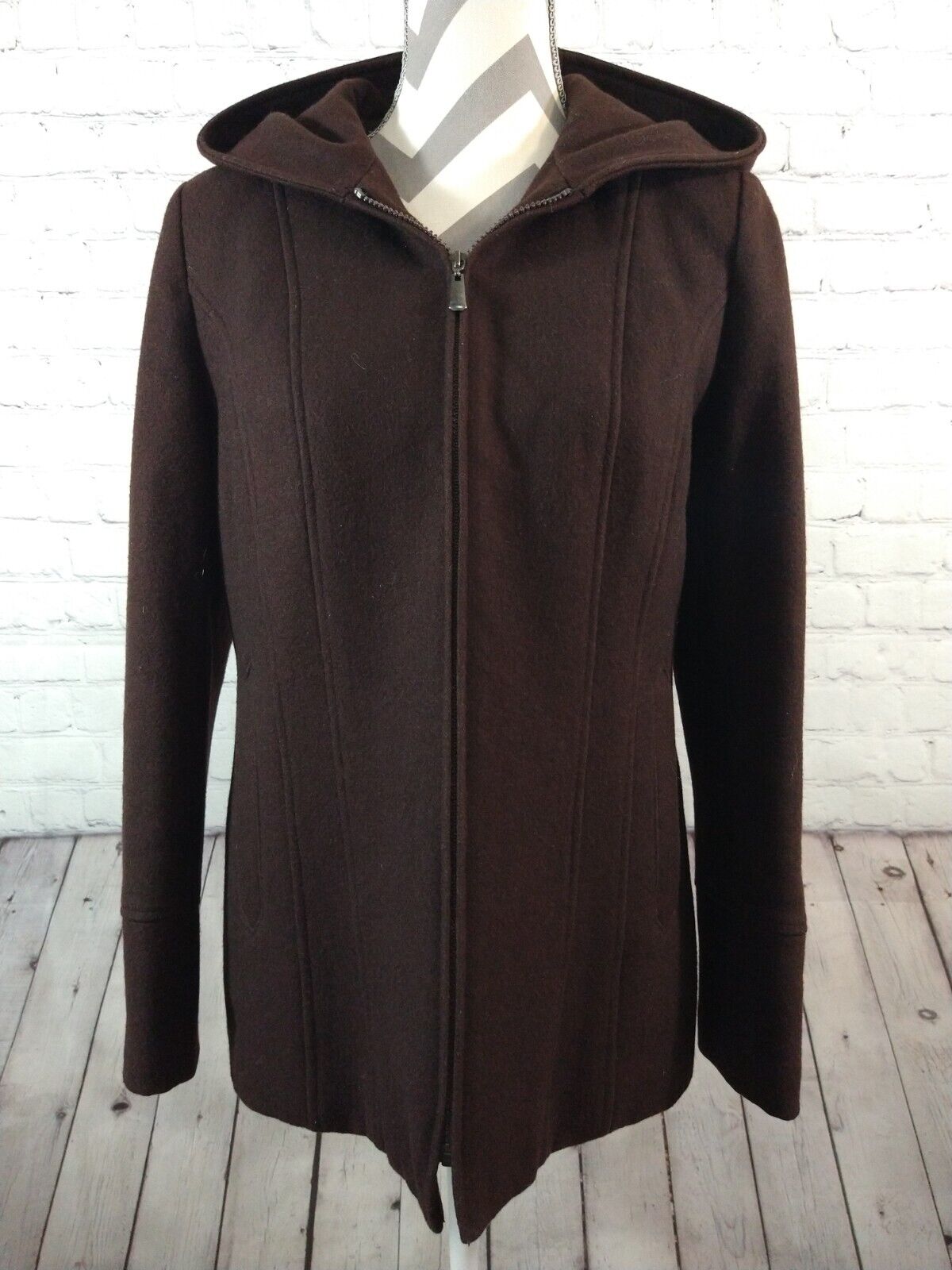 EUC women's BRAETAN dark brown hooded wool blend zip front coat - SIZE MED