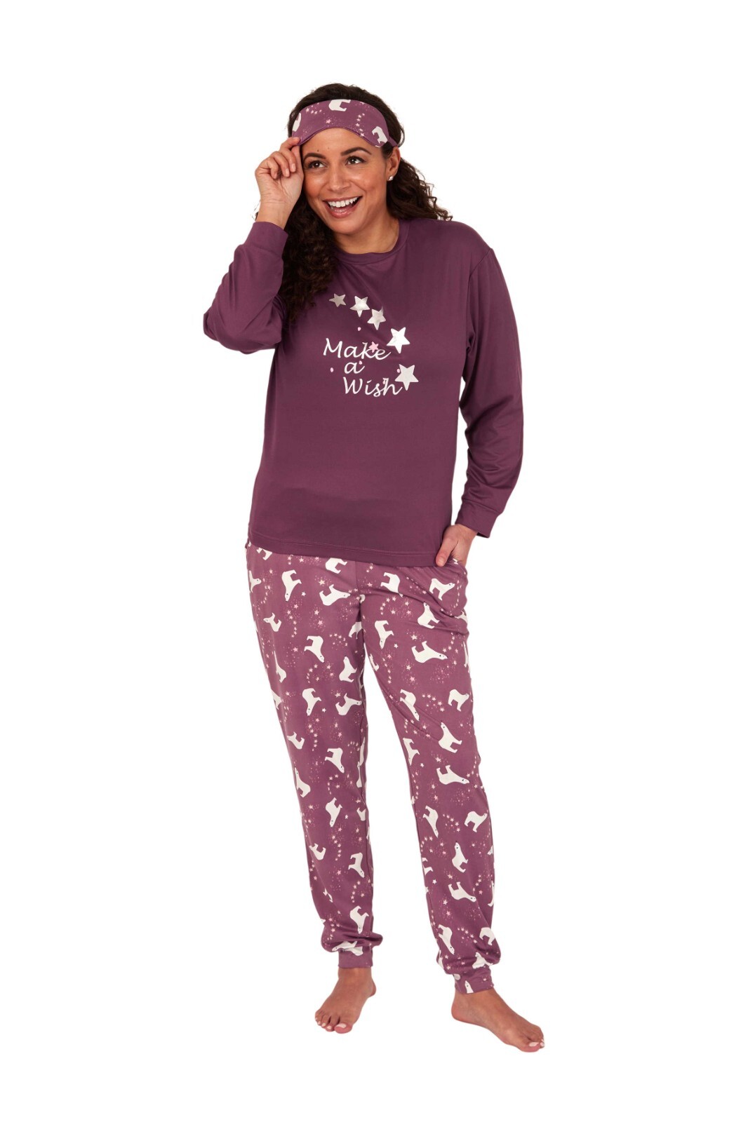 Indigo Sky Traditional Styled Knitted Jersey Polar Bear Pyjamas + Eyemask Orchid