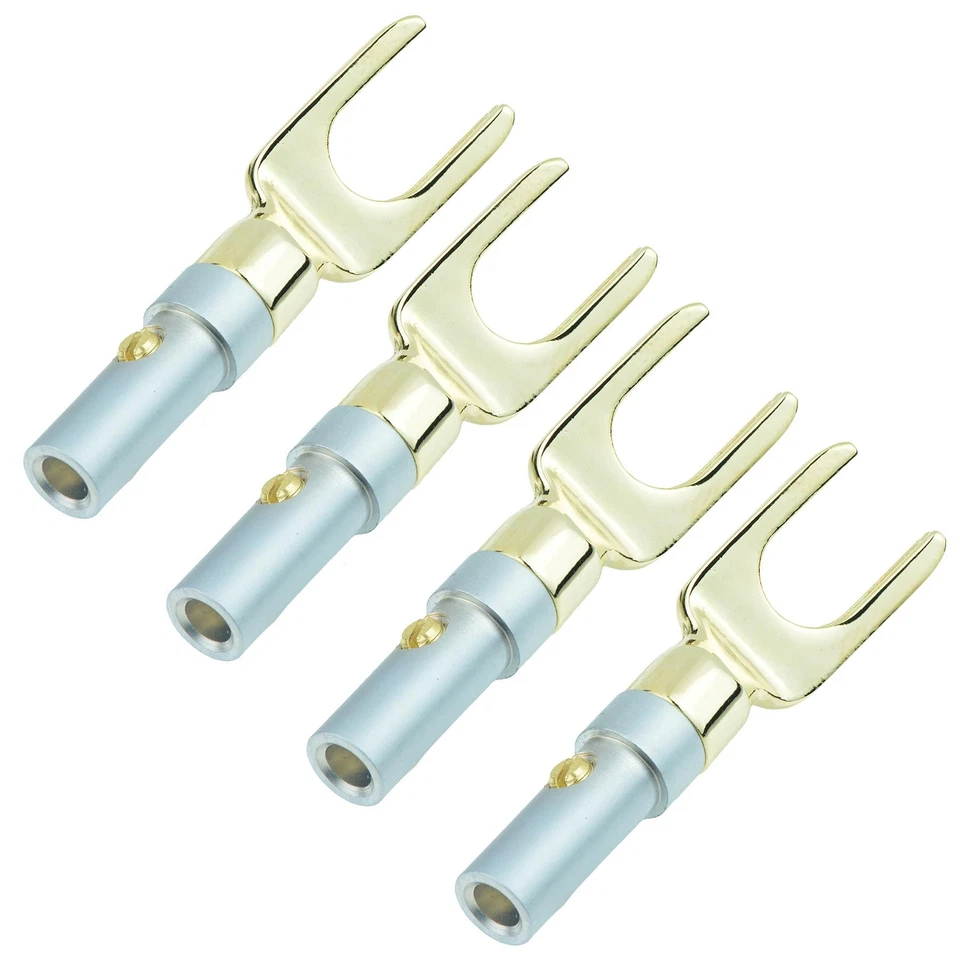 SWITCH ELECTRONICS 4 x 24k Gold Plated Angled Fork Spade Speaker Cable Terminals