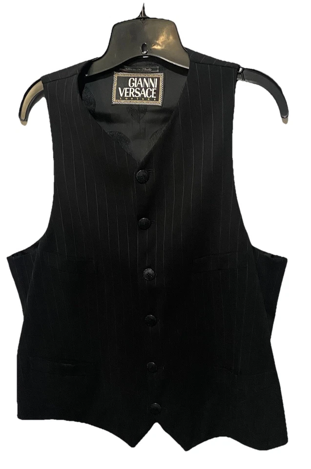 VNTG Gianni Versace Couture Mens Black Pinstripe Button Down Vest Size 52 Italy - Image 3 of 4