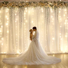 10X10Ft Ivory Chiffon Backdrop Curtain with Lights String for Wedding Parites, S
