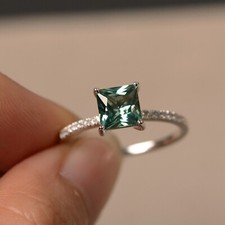 Green Sapphire Ring Princess Cut Gemstone Sterling Silver Engagement Ring