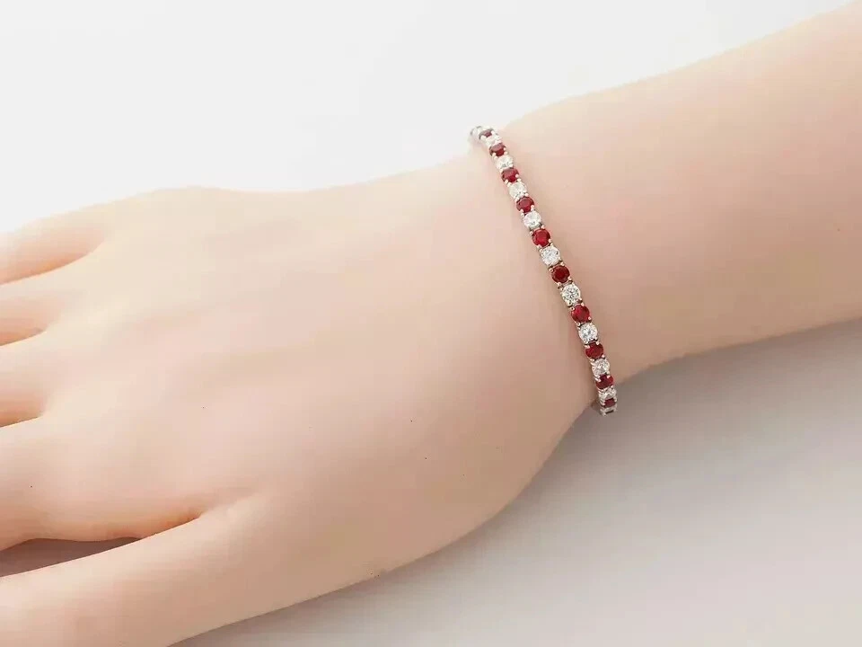 3MM Lab Created 8CT Round Ruby Diamond Tennis Bracelet 14K White Gold Plated 7" - Image 4 of 4
