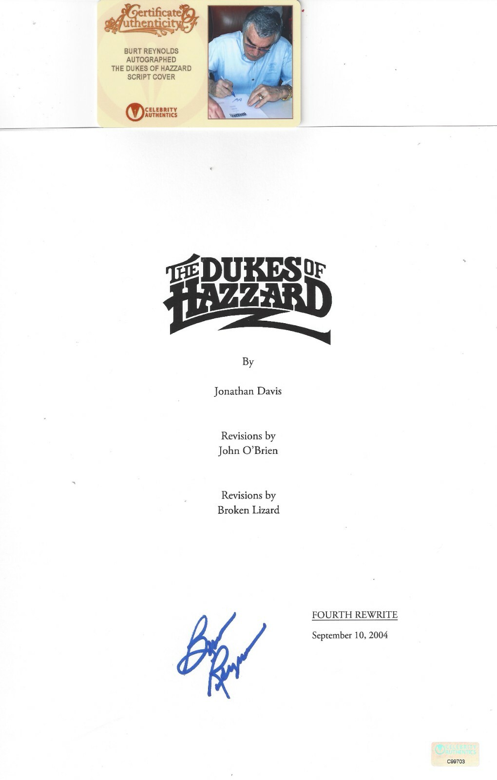 Burt Reynolds Autographed Signed Dukes of Hazzard Script Celebrity Authentics 