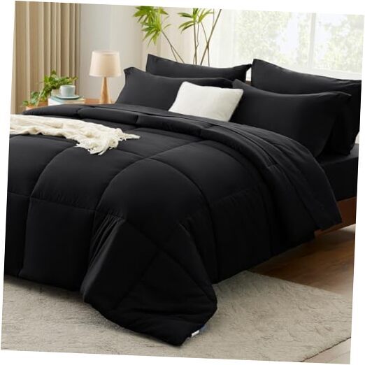 Comforter Set - 7 Pieces Bed in a Bag Set Complete Bedding Sets Queen Black