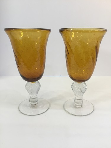 TWO HANDBLOWN ITALIAN AMBERGLASS WITH SWIRLS & A CLEAR STEM W/ SWIRLS (set of 2) - Picture 7 of 11