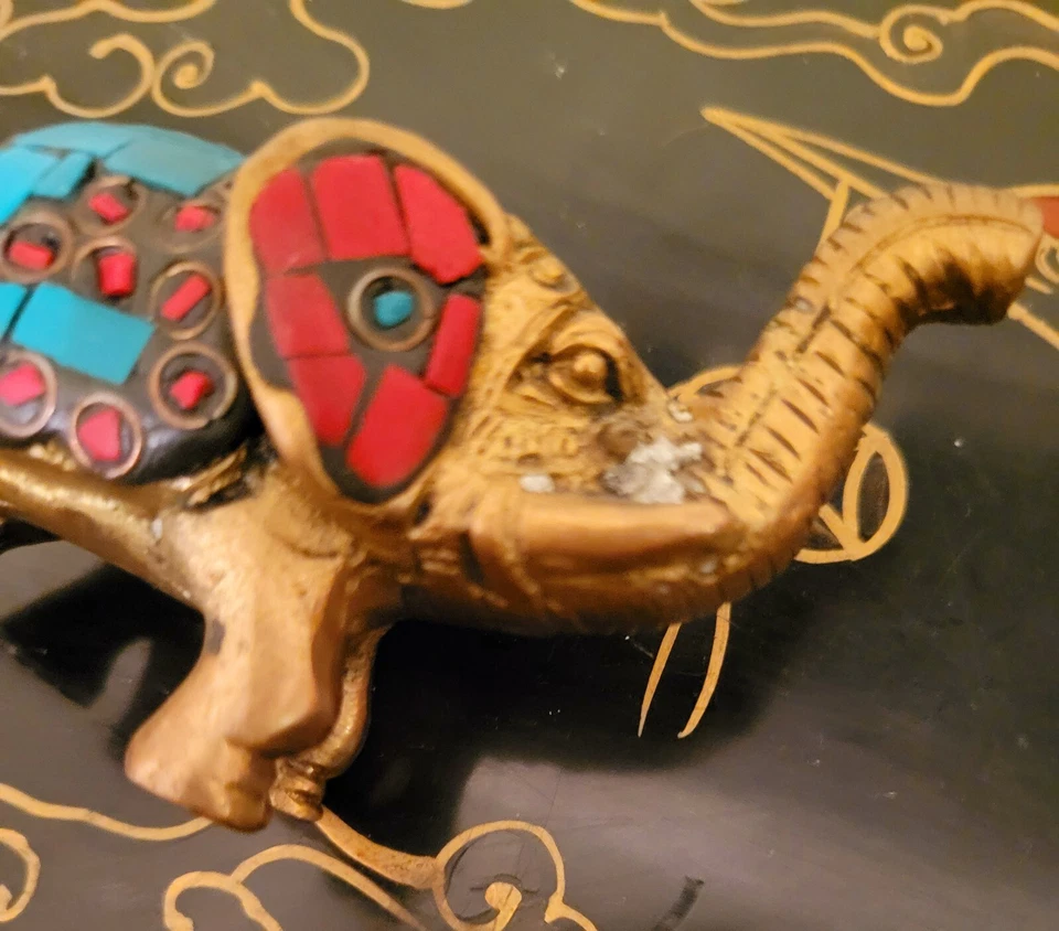 古董黄铜大象雕像一对雕像宝石绿松石珊瑚 19 世纪 HTF — 第 3/4 张图片