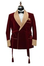 Men Vintage Burgundy Velvet Smoking Suits Jacket Robe Shawl Lapel Tuxedo Blazer