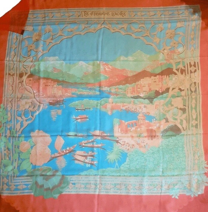 Hermes Mousseline Silk Shawl Scarf Stole Le Fleuve Sacre Red