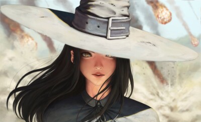 Anime girls hat yellow eyes black hair realistic looking playmat gaming mat