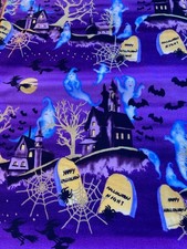 Halloween Haunted House Ghost Fabric Remnant Purple Cotton 41" x 36" OOP