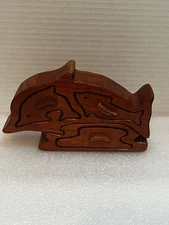 DOLPHIN CEDAR WOOD TRINKET/JEWERLY BOX PUZZLE HANDMADE 7"L x4"H BROWN SEA MARINE