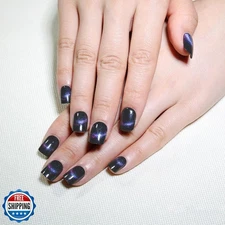 evpct Dark Blue Cat Eye Extra Short Press on Nails Square, Petite Short Squar