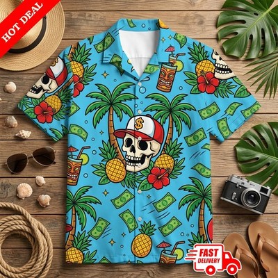 Pineapple Cash Mens Hawaiian Shirt Aloha Tropical Beach Button Down Short Sleeve